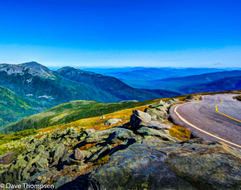 A photograph of the winding Mount Washington Auto Road in the White Mountains of New Hampshire.