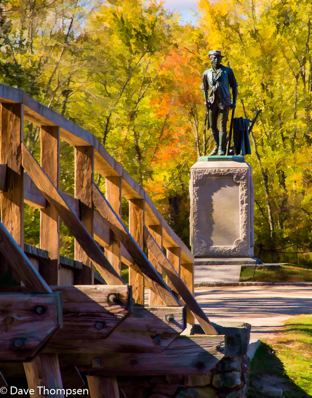 A photograph of the Minuteman Statue at North Bridge in Concord, Massachusetts.